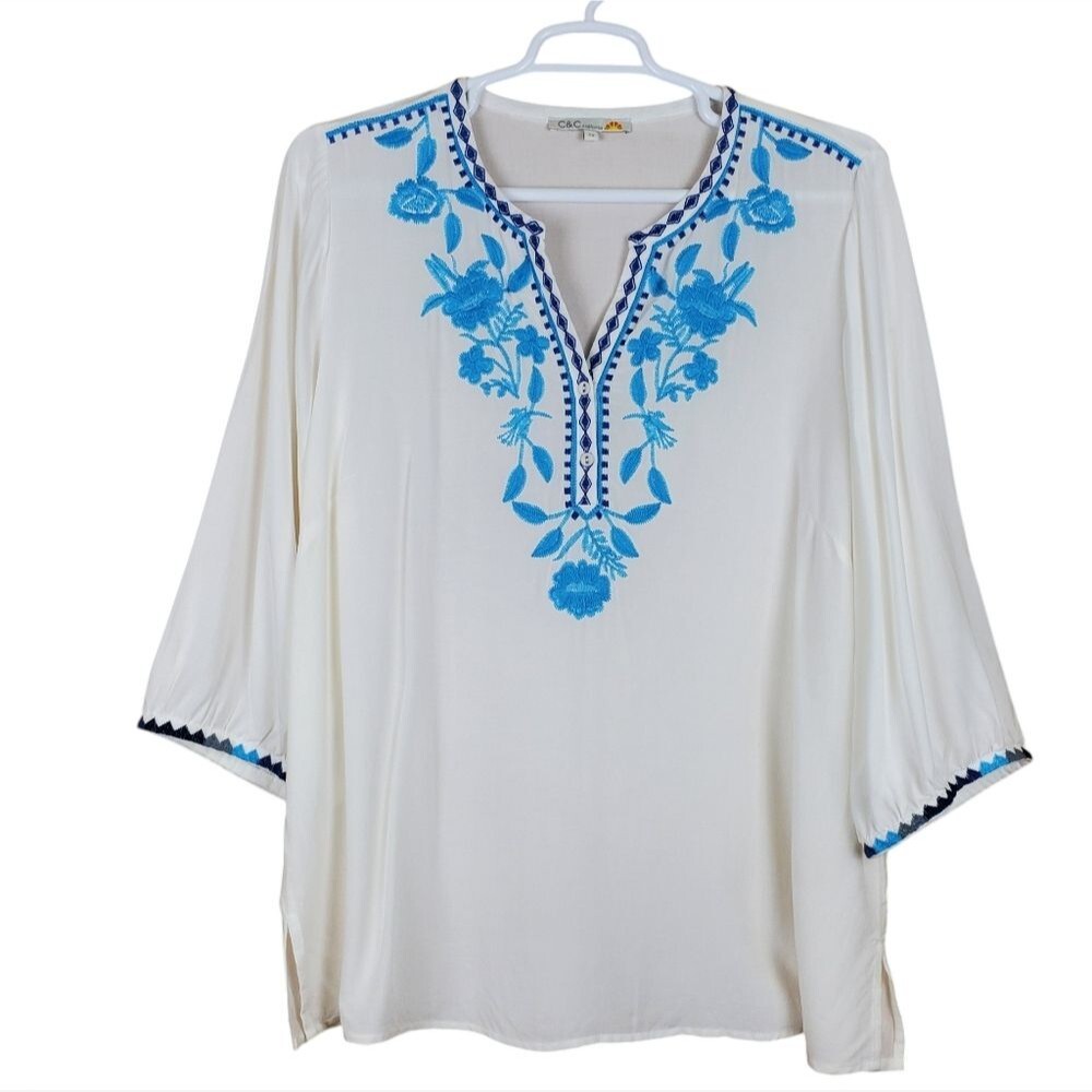 C&C California Ivory Blue Embroidered Tunic Blouse 2X Boho Peasant Top